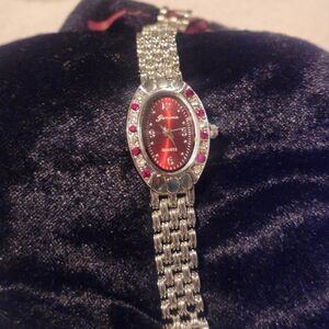 Silver Women's Watch with Red Dial